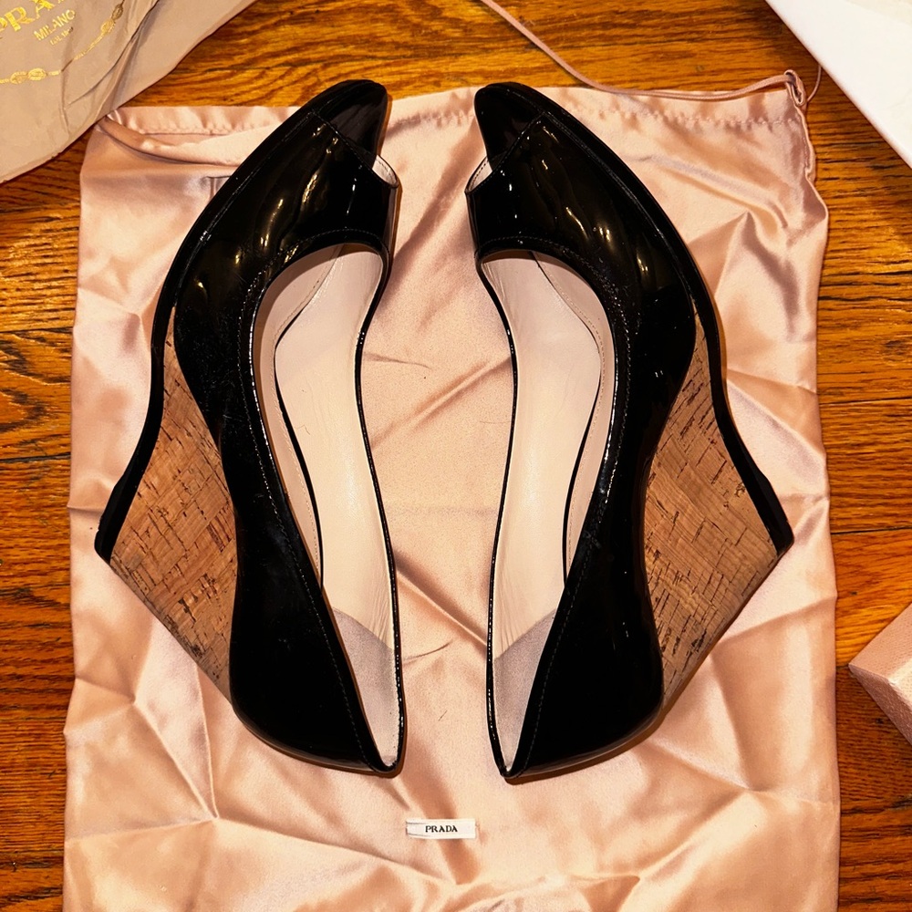Prada Black Patent Peep Toe Cork Wedge Pumps EU 40